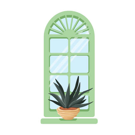 Cactus in a pot on the windowsill window glassのイラスト素材