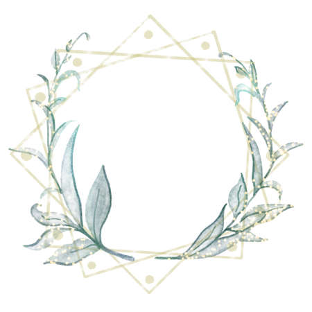Watercolor frame of a plant wreath with leaves for a wedding celebration on a white background. High quality photoの写真素材