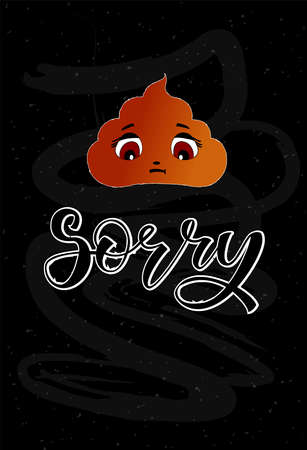 Chalk card with cartoon poop illustration and lettering. Imitation of hand drawn illustration with lettering and cute poop. Vector illustration in cartoon comic style with chalk stains and texture.のイラスト素材