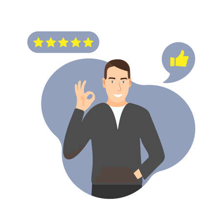 Happy cartoon man gives 5 stars. Customer feedback, best quality, excellence, high performance rating, positive rating.のイラスト素材
