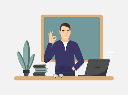 Smilling cute teacher shows ok. Online learning concept. Teacher with books and chalkboard, video lesson. Vector illustration in flat styleのイラスト素材