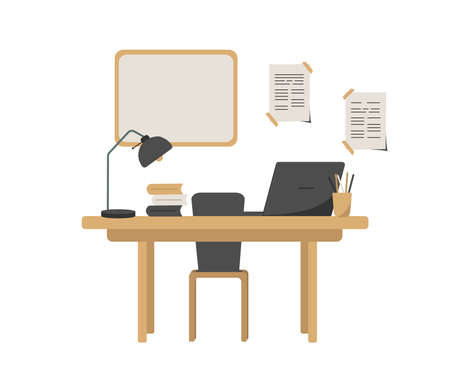 Home or office workplace with table and chair, laptop computer, some books, lamp and pencil cup. Modern colorful flat style vector illustration isolated on white backgroundのイラスト素材
