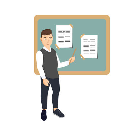 Young teacher professor standing in front of blackboard teaching in classroom. Online education. Vector illustrationのイラスト素材