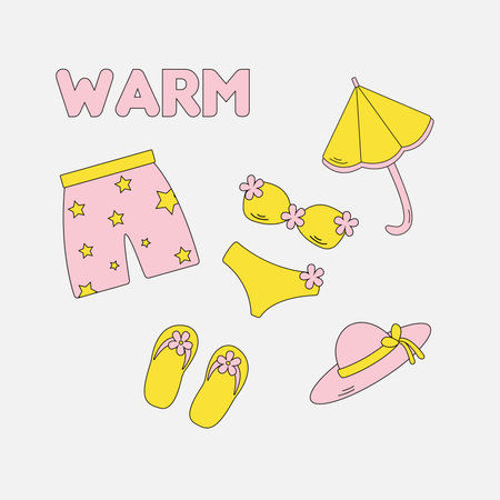 summer clothes. Warm and hot season clothes for beach - umbrella, swimsuit, shorts, slippers, bonnet. Educational vector flat illustration for summer season.のイラスト素材
