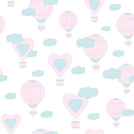 Vector flat cute seamless pattern of air balloons in pastel colors with clouds on a white background.のイラスト素材