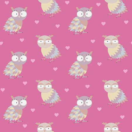Cute owls seamless pattern. Funny baby pink background with charming wild characters and hearts. Vector illustration for baby shower, birthday, party.のイラスト素材