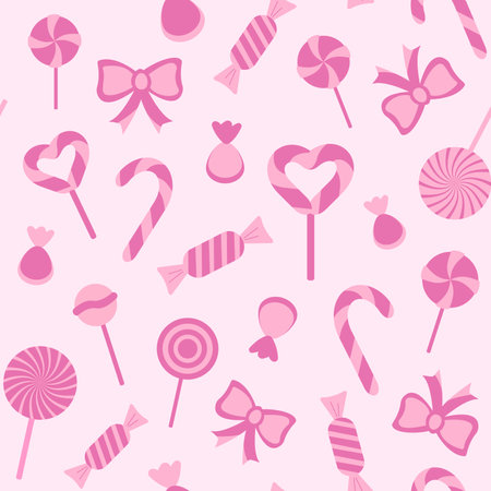 Bright pink seamless pattern with sweets, candies and ribbons. Kid vector illustration for birthday party.のイラスト素材
