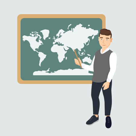 School Education, Learning Vector Concept. Cartoon geography teacher stands near a blackboard with a pointer. points a world map. Tutor Male Character Teaching. Specialist in geopolitics.のイラスト素材