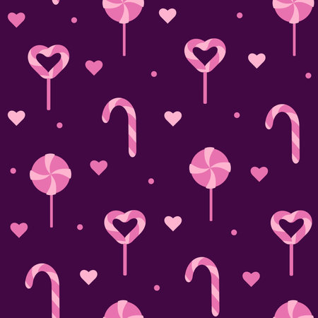 Bright seamless pattern with pink sweets, candies, lollipops on a dark background. Cute vector print for birthday partyのイラスト素材