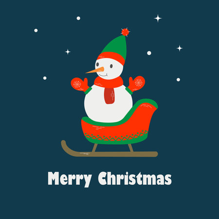 Merry Christmas Greeting Illustration with a Cute Cartoon Snowman with Mittens and a Hat on Sleigh on dark backgroundのイラスト素材