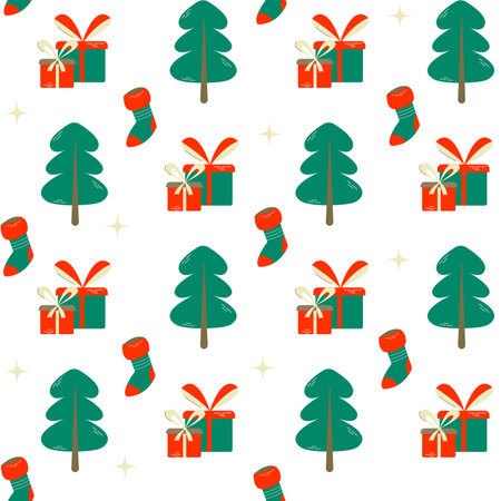 Hand drawn backdrop. Colorful cartoon seamless pattern with Christmas trees and gifts. Cute wallpaper, good for printing. Vector Design illustration. Happy New Year concept. Winter timeのイラスト素材