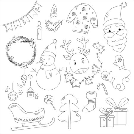 Christmas black and white greeting winter collection with traditional symbols - Snowman, Santa, Reindeer, Tree, Gifts, Sleigh, Ugly Sweater, Mittens and Sweets. Vector illustrationのイラスト素材