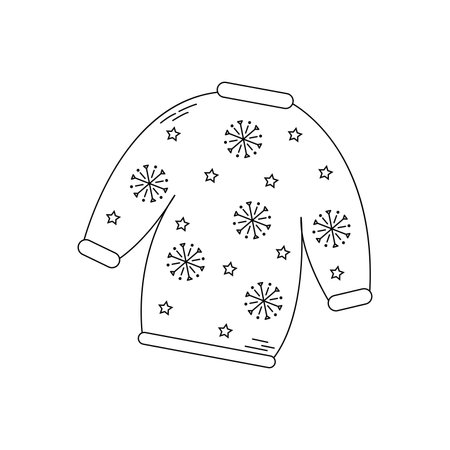 Christmas doodle ugly sweater. Christmas monochrome sweater icon with snowflakes and starsのイラスト素材