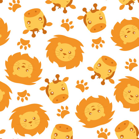 Cute cartoon yellow nursery print. Vector safari seamless pattern for wall decor in children's bedroom. Cute African animals characters giraffe and lionのイラスト素材