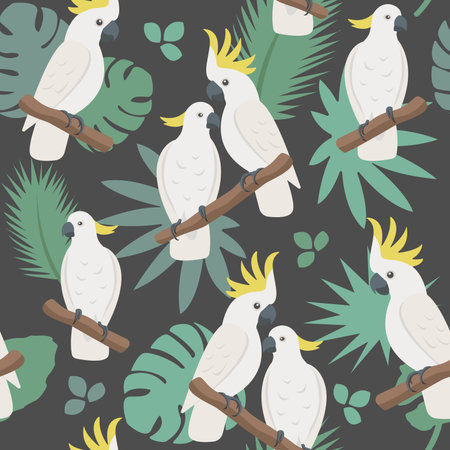 Vector love parrot seamless pattern. Cartoon cute cockatoo family with tropical leaves. Happy Valentine concept. Creative style texture for fabric, wrapping, textile, wallpaper, apparel.のイラスト素材