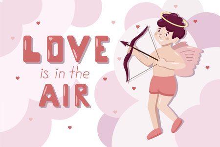 Cute cartoon vector greeting poster with little Cupid. Love is in the air lettering. Valentine Day concept. Angel shoots at the heart from the bow in pink clouds.のイラスト素材
