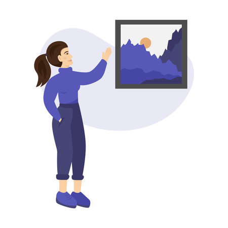 Visiting excursion in a museum, standing at picture and listening to guide. Guide shows a picture in a museum. Vector illustration for art gallery, cultural education, exhibition conceptsのイラスト素材