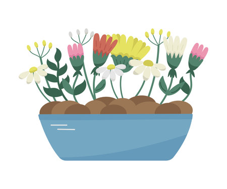 Vector beautiful garden with different flat flowers in flowerbed. Floral plants isolated on white. springtime concept.のイラスト素材