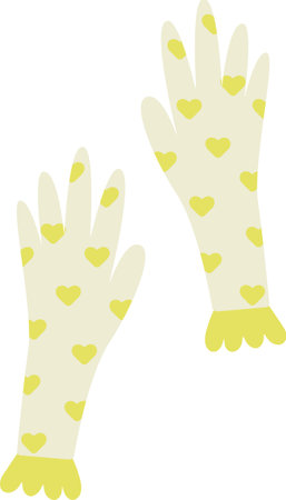 Vector Cute Woman Yellow Garden Gloves with hearts. Technical gloves illustration on transparent backgroundのイラスト素材