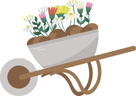 Wooden wheelbarrow with flowers for planting. Vector illustration isolated on white background.のイラスト素材