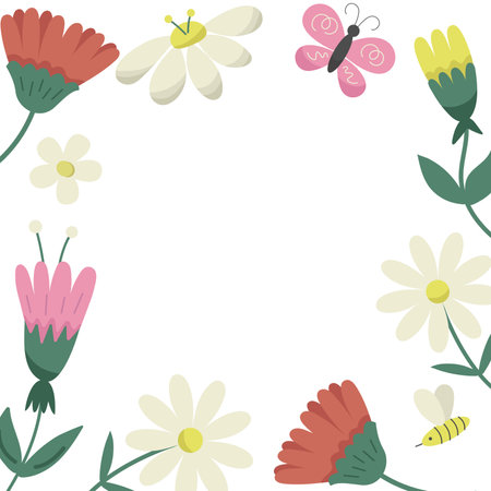 Spring square background with different flat flowers. Vector illustration frame of floral plants, banner templateのイラスト素材