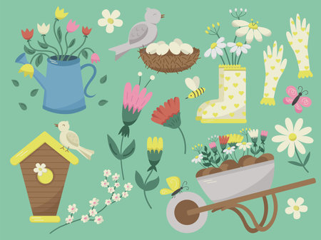 Set of spring season gardening objects, birds nest and house, flowers. Vector design element for greeting and advertising products.のイラスト素材