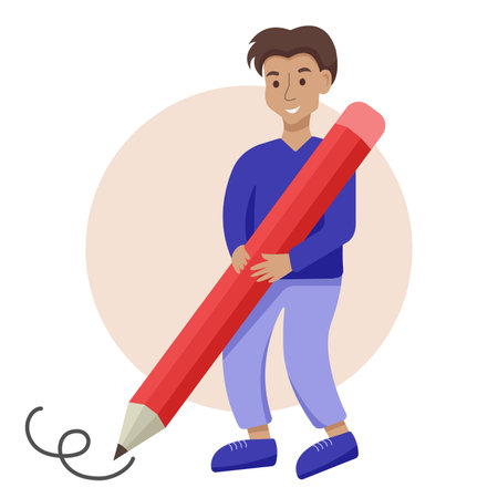 Flat cartoon character student boy standing and writing with a big large pencil. Education concept. Vector illustration isolated on white backgroundのイラスト素材