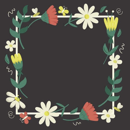 Different flat summer wild flowers square on black background. Vector frame with floral plants, banner templateのイラスト素材