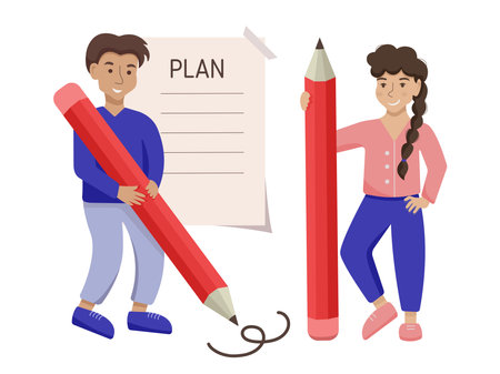 Flat cartoon busy characters students standing with big pencils. Learning, writing, planning concept. Effective daily planning and time management. Vector illustration isolated on white backgroundのイラスト素材