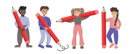 Vector flat cartoon set of busy characters students standing with big pencils. Education and Back to school concept. Learning, writing, planning. Effective daily planning and time management.のイラスト素材