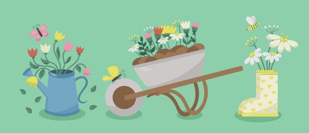Collection of summer season gardening objects, watering can, bouquet boots, wheelbarrow with flowers. Vector design element for greeting and advertising productsのイラスト素材
