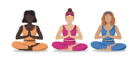 Sport team of faceless women sitting in lotus yoga asana pose. Mental health, emotions control and personal harmony concept. Time for yourself. Vector flat illustration in cartoon style.のイラスト素材