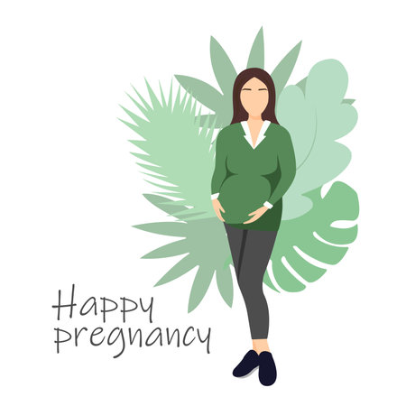 Happy pregnancy concept. Cartoon faceless pregnant woman with tropical leaves. Vector illustration with future motherのイラスト素材
