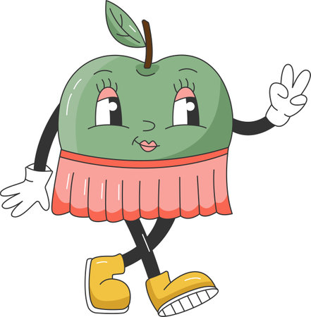 90s Fruit Funny Retro Groovy Cartoon Hippie Character. Poster with Comic Character of Apple on transparent background. Groovy Summer Vector Illustration. Sweet Juicy Fresh Fruit.のイラスト素材