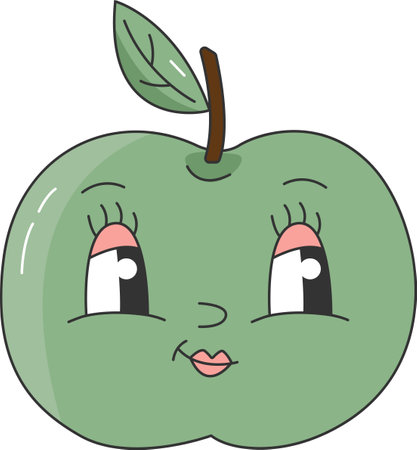 90s Fruit Funny Retro Groovy Cartoon Hippie Character. Comic Character of Apple with a face on transparent background. Groovy Summer Vector Illustration. Sweet Juicy Fresh Fruit.のイラスト素材