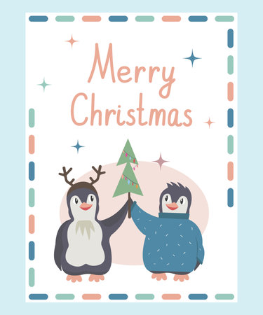 Vector Greeting Card in Pastel Colors with Cute Animals and Christmas tree. Merry Christmas and Happy New Year Conceptのイラスト素材