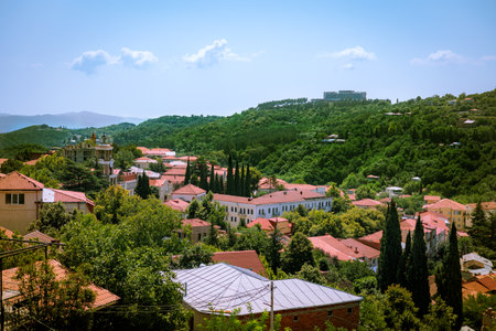 Scenic view of Sighnaghi, Georgia, with red-roofed houses nestled among lush green hills under a...