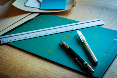 Workspace with crafting tools, including a cutting mat, precision knives, and a metal ruler, arranged with paper sheets on a wooden surface. Perfect for DIY projects or design workの写真素材