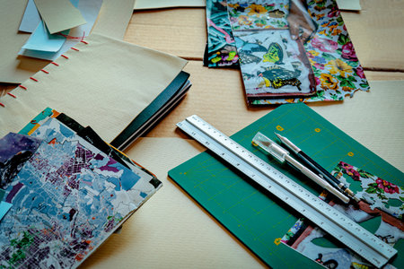 Crafting tools and materials on a green cutting mat, including a metal ruler, precision knives, and colorful paper cutouts, showing the creative process in a cozy workspaceの写真素材