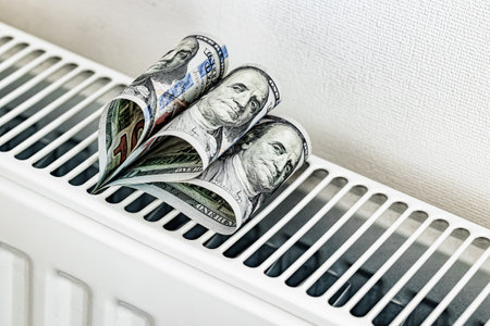 US dollar bills folded in heart shapes on a white radiator, symbolizing high heating costs, financial burden, and energy expenses. A creative concept of money burning through household billsの写真素材