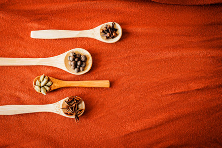Top view of wooden spoons with star anise, cardamom, allspice, and cloves on orange fabric. Warm autumn kitchen vibe, perfect for food blogs, seasonal recipes, and spice adsの写真素材