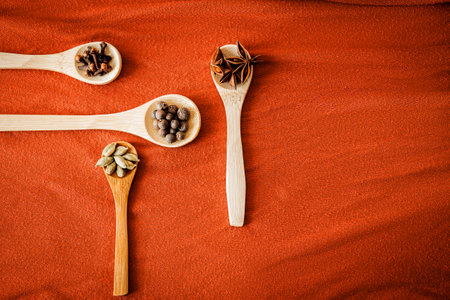 Top view of wooden spoons with star anise, cardamom, allspice, and cloves on orange fabric. Warm autumn kitchen vibe, perfect for food blogs, seasonal recipes, and spice adsの写真素材