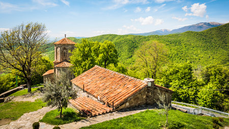 Scenic view of Nekresi Monastery surrounded by lush green forests and mountains in Kakheti, Georgiaの写真素材