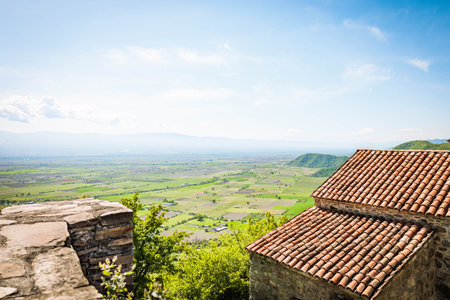 Panoramic view of Alazani Valley from Nekresi Monastery in Kakheti, Georgia, sunny landscape