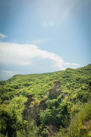 Ancient stone ruins overgrown with vegetation in a remote green valley under a clear sky. Wild and forgotten corner of the Georgian mountainsの写真素材