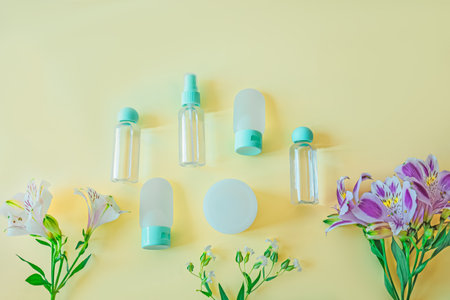 Minimal composition with travel containers, spray bottle, and alstroemeria blossoms on soft yellow. Balanced layout ideal for skincare branding and beauty lifestyle visualsの写真素材