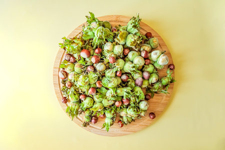 Top view of raw hazelnuts in green husks and shells arranged on a wooden board over a yellow background. Seasonal harvest concept with clean composition and warm tonesの写真素材