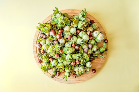Top view of raw hazelnuts in green husks and shells arranged on a wooden board over a yellow background. Seasonal harvest concept with clean composition and warm tonesの写真素材