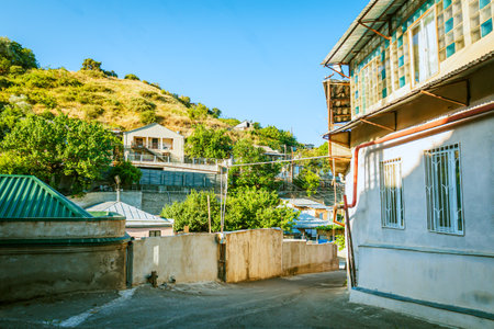 Sunny narrow street in a residential area of Tbilisi with houses and lush greenery on hills. Warm...