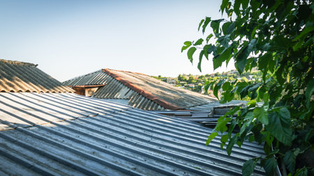 Corrugated rooftops with green foliage and distant houses under clear sky in Nadzaladzevi, Tbilisi, capturing the harmony of city and natureの写真素材